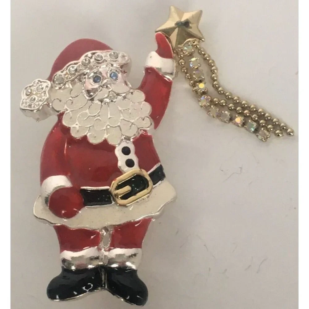 Santa Claus Pin Brooch Holding Star Clear Rhinestones Christmas Holiday Gift - Picture 2 of 5